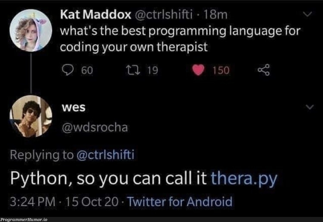 Who needs a thera.py? | programming-memes, coding-memes, python-memes, android-memes, program-memes, api-memes, IT-memes, twitter-memes, language-memes, programming language-memes | ProgrammerHumor.io