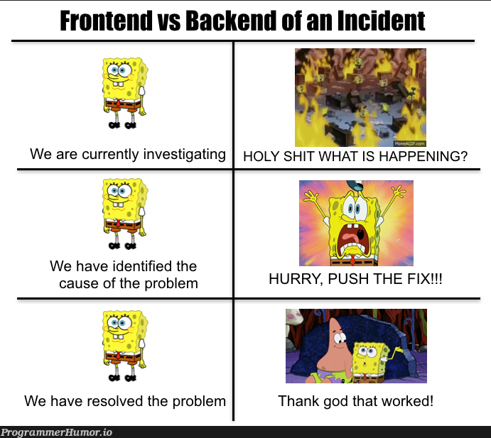 There are 2 sides to every story, I mean incident. | backend-memes, frontend-memes, ide-memes | ProgrammerHumor.io