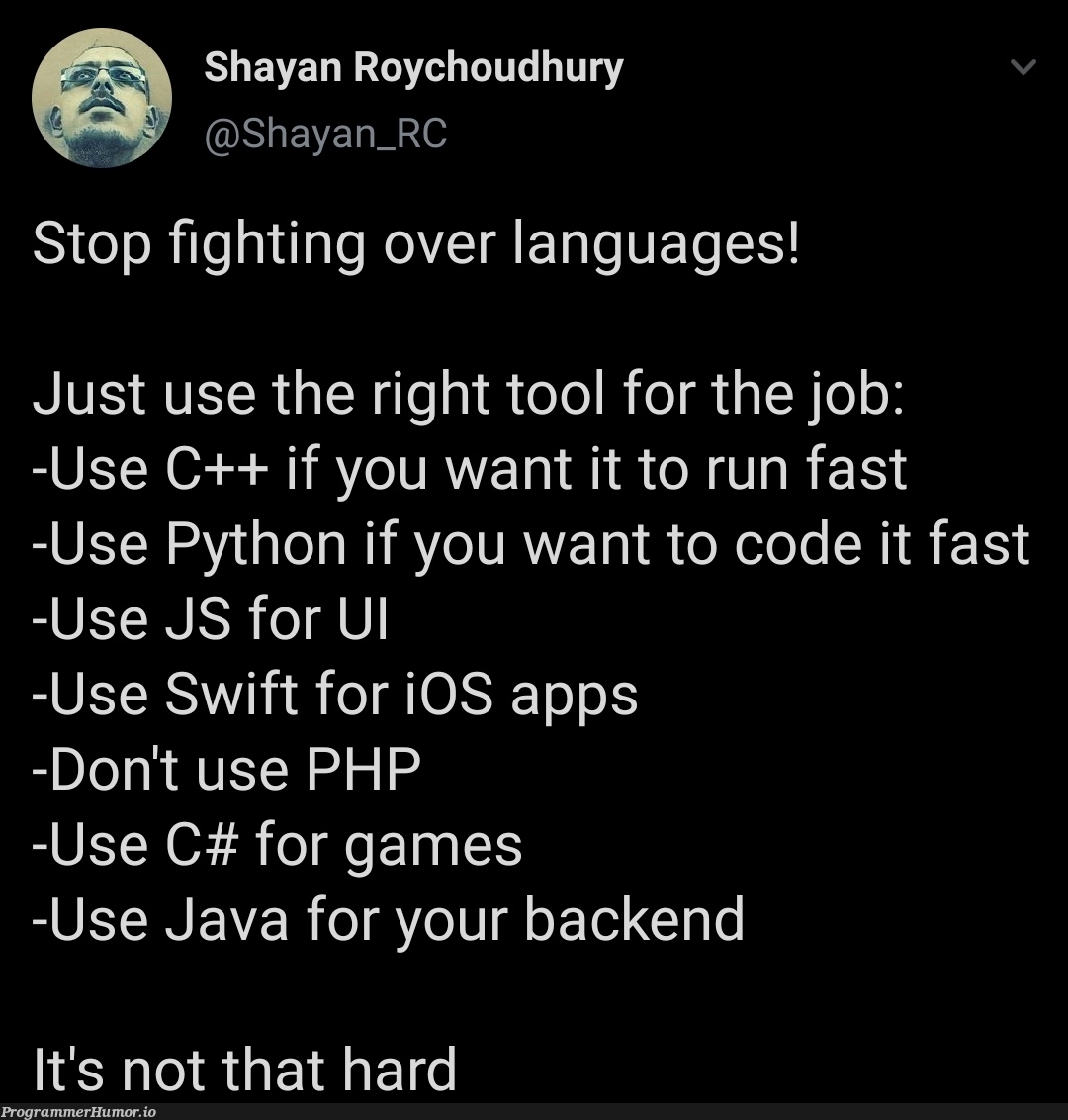 Why fight over languages? | code-memes, php-memes, java-memes, python-memes, backend-memes, c++-memes, ios-memes, swift-memes, js-memes, IT-memes, c#-memes, language-memes | ProgrammerHumor.io