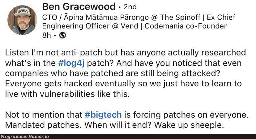 Anti-patchers getting out of hand | code-memes, tech-memes, engineer-memes, engineering-memes, list-memes, api-memes, date-memes, search-memes, IT-memes | ProgrammerHumor.io