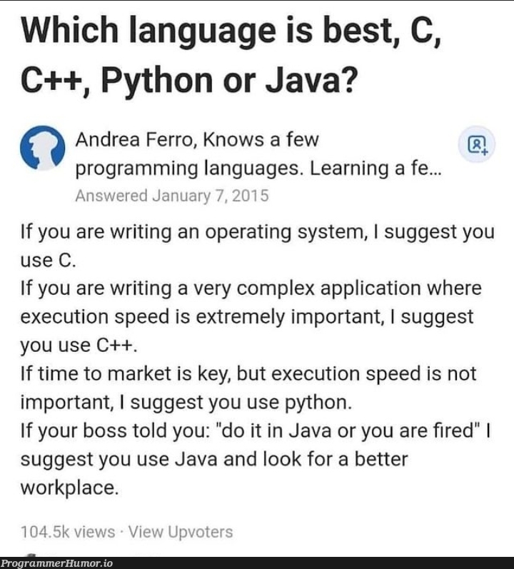 Great answer | programming-memes, java-memes, python-memes, program-memes, c++-memes, IT-memes, language-memes, programming language-memes, operating system-memes | ProgrammerHumor.io