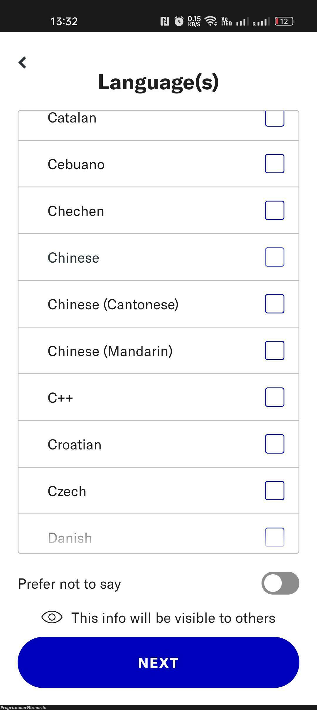 Someone literally added C++ to languages in a popular dating app | c++-memes, language-memes | ProgrammerHumor.io