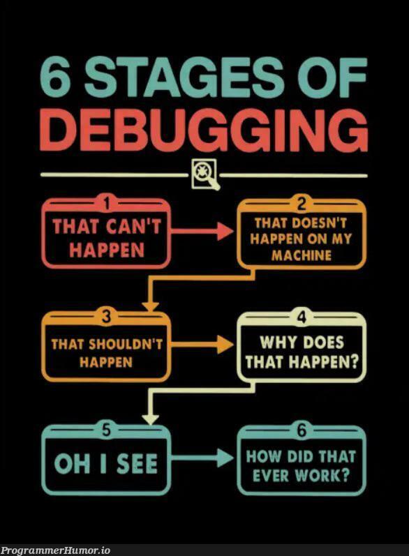 The 6 stages of debugging | debugging-memes, bug-memes, debug-memes | ProgrammerHumor.io