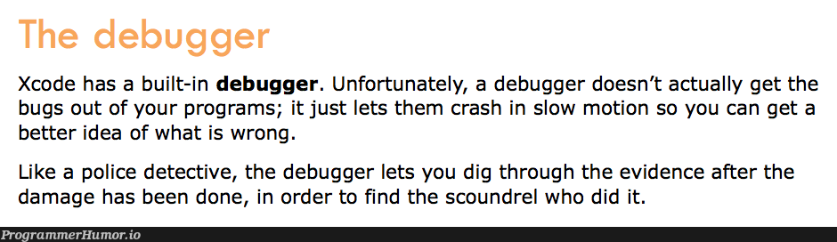 What debuggers actually do | code-memes, program-memes, bugs-memes, bug-memes, xcode-memes, debug-memes, IT-memes, idea-memes, ide-memes, debugger-memes, crash-memes | ProgrammerHumor.io