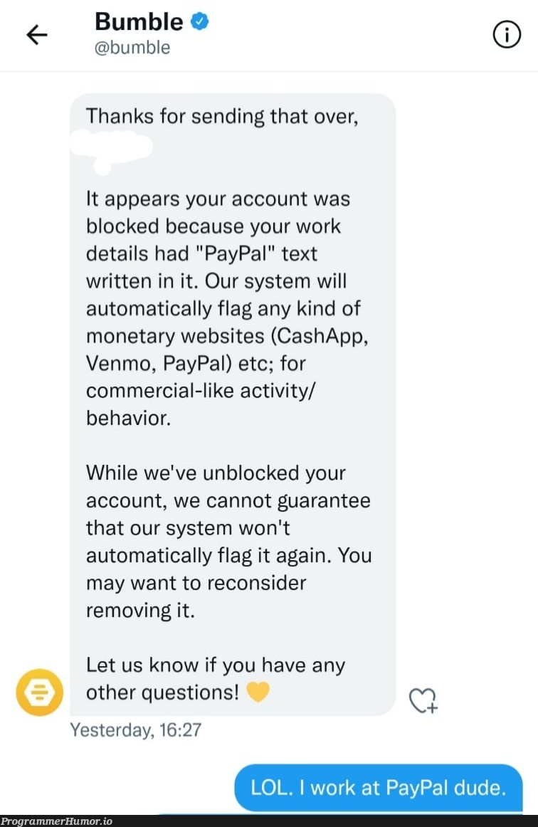 Bumble blocked me for working at PayPal | web-memes, website-memes, loc-memes, lock-memes, IT-memes, ide-memes | ProgrammerHumor.io