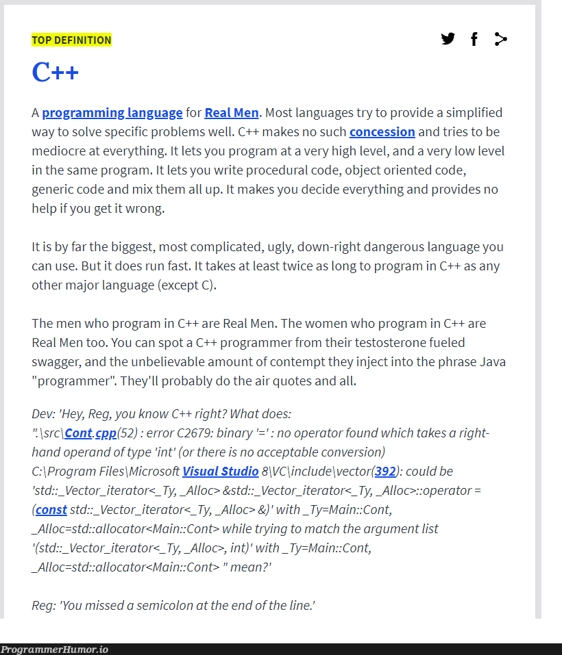 The best response to what is c++ | programmer-memes, code-memes, java-memes, program-memes, try-memes, c++-memes, test-memes, loc-memes, version-memes, visual studio-memes, list-memes, object-memes, error-memes, microsoft-memes, IT-memes, ide-memes, semicolon-memes, language-memes, binary-memes | ProgrammerHumor.io