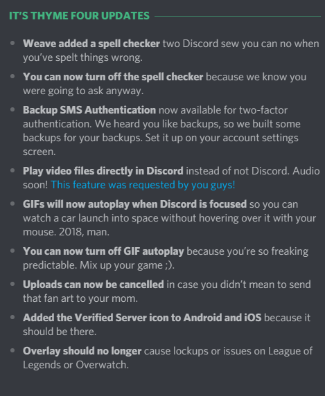 Discord patch notes are how patch notes should be done | android-memes, server-memes, loc-memes, discord-memes, lock-memes, ios-memes, date-memes, authentication-memes, IT-memes, ide-memes, space-memes, feature-memes | ProgrammerHumor.io