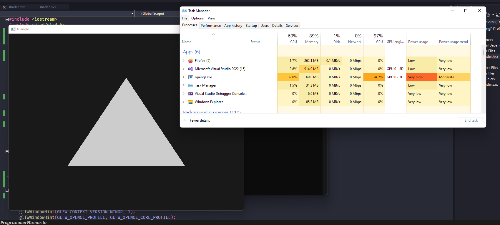 You know you have Intel graphics when rendering a triangle uses 100% of your GPU... | performance-memes, cs-memes, manager-memes, graph-memes | ProgrammerHumor.io