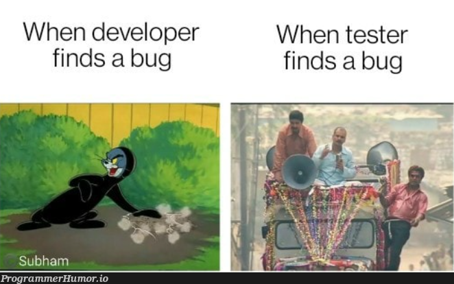 When we find a bug "Shhhhh" and unfortunately when the testers found it too. | developer-memes, test-memes, bug-memes, IT-memes | ProgrammerHumor.io