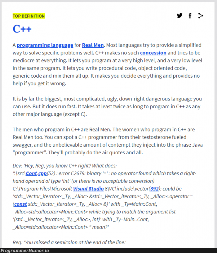 The best response to what is c++ | programming-memes, programmer-memes, code-memes, java-memes, program-memes, try-memes, c++-memes, test-memes, loc-memes, version-memes, visual studio-memes, list-memes, object-memes, error-memes, microsoft-memes, IT-memes, ide-memes, semicolon-memes, language-memes, programming language-memes, binary-memes | ProgrammerHumor.io