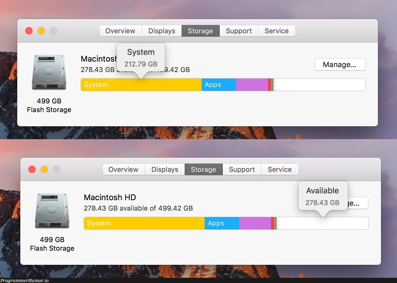 212.79 GB &gt; 278.43 GB ¯_(ツ)_/¯ | mac-memes | ProgrammerHumor.io
