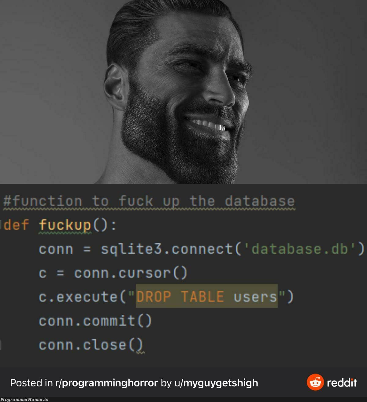 GitHub copilot wrote this for me after completing the prompt “function to fuck up” | programming-memes, program-memes, git-memes, github-memes, data-memes, sql-memes, database-memes, function-memes, sqlite-memes | ProgrammerHumor.io