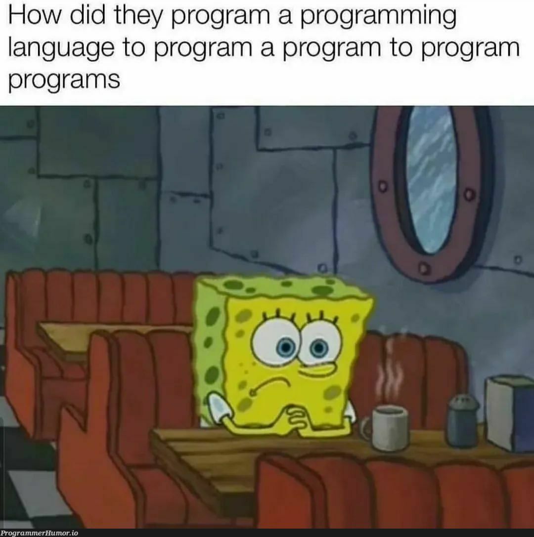 How did they program a programming language to program a program to program programs. | programming-memes, program-memes, language-memes, programming language-memes | ProgrammerHumor.io