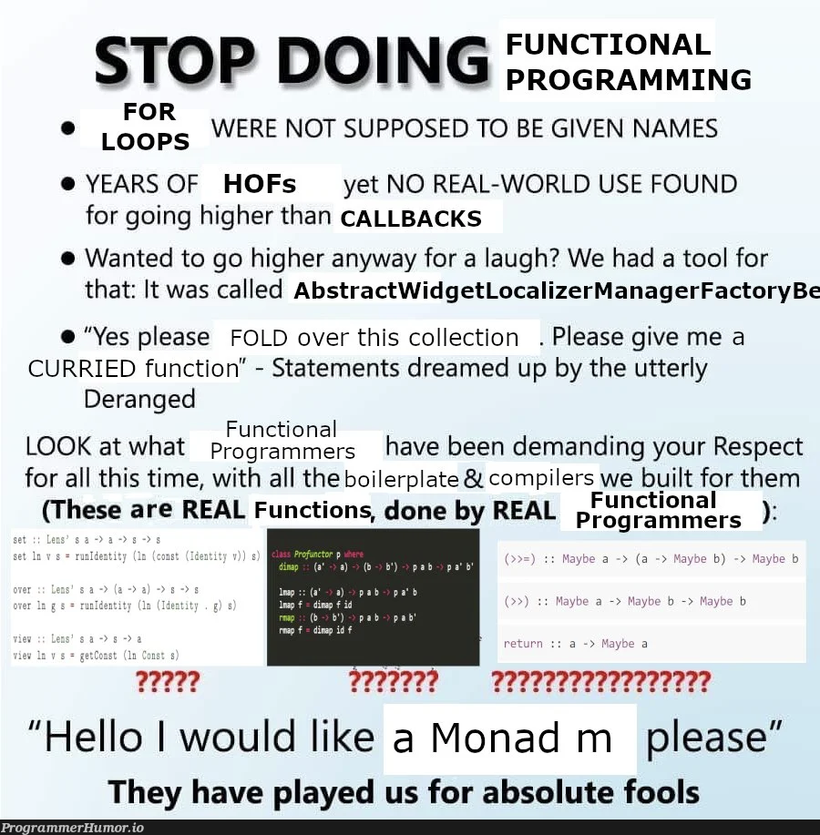 stop functional programming at once! | programming-memes, program-memes, loc-memes, function-memes, oop-memes, compiler-memes, IT-memes, manager-memes | ProgrammerHumor.io