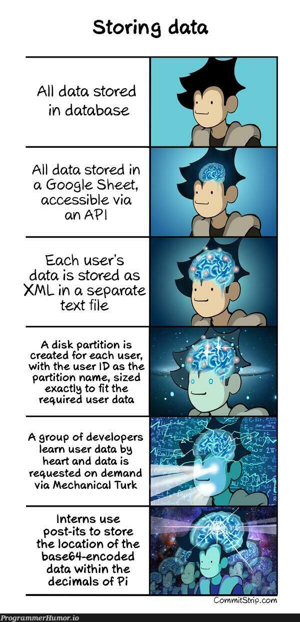 Storing data | developer-memes, code-memes, google-memes, loc-memes, data-memes, xml-memes, database-memes, ML-memes | ProgrammerHumor.io