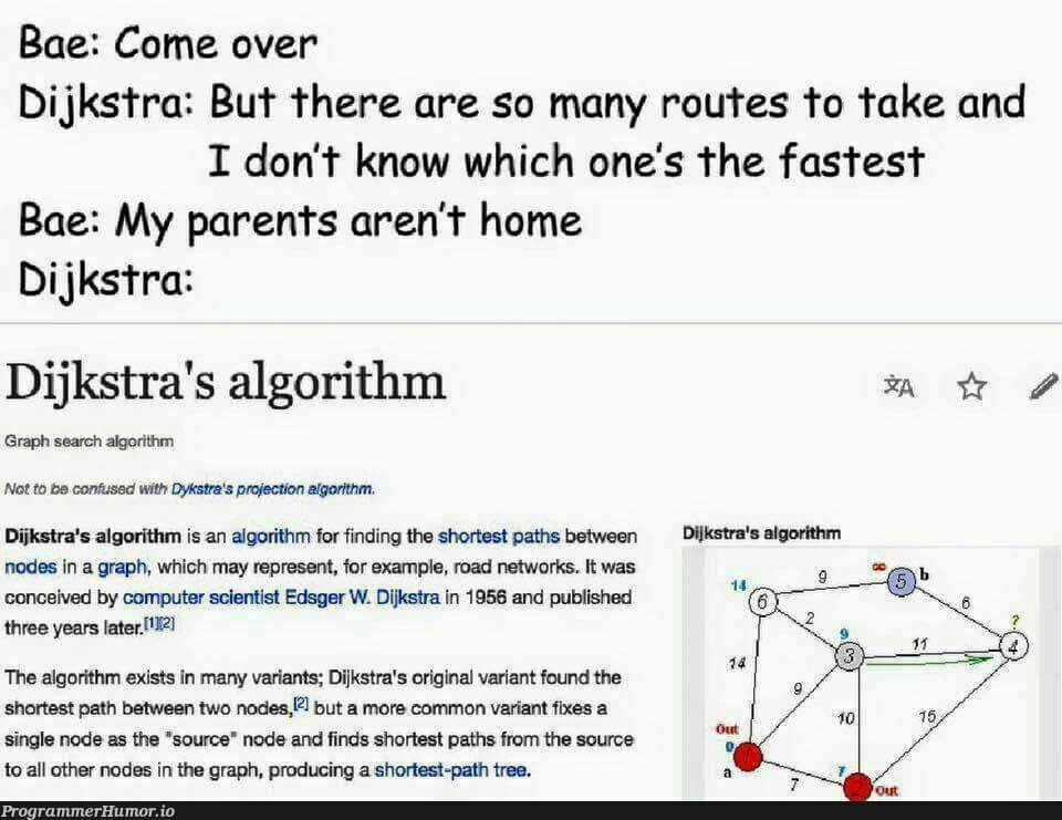 Ayyyyy Dijkstra | computer-memes, test-memes, node-memes, algorithm-memes, fix-memes, search-memes, network-memes, IT-memes, networks-memes, graph-memes | ProgrammerHumor.io