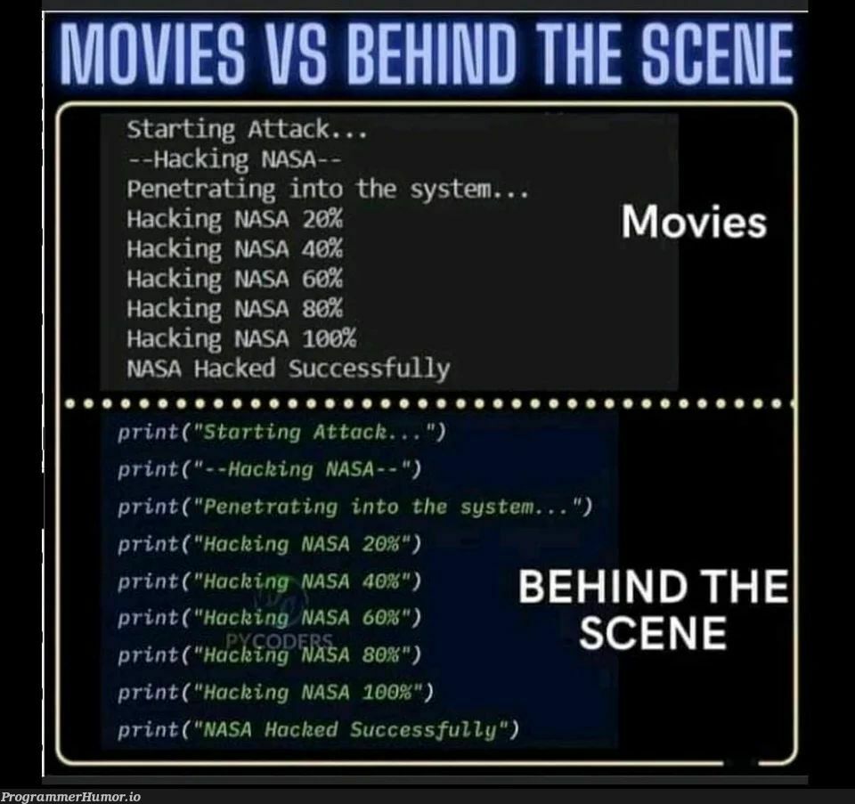 hacking in movies vs behind the scene of that movie? | hacking-memes | ProgrammerHumor.io