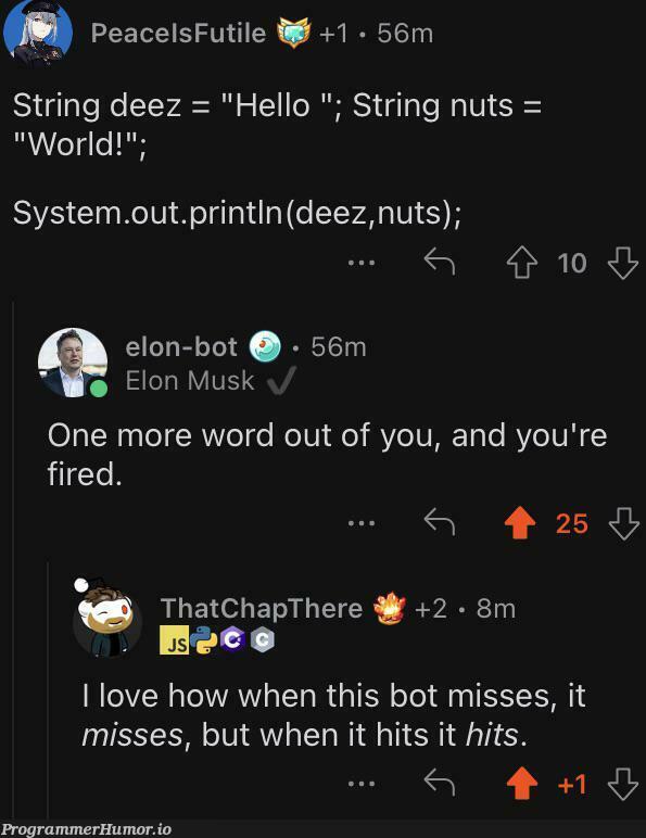 elon-bot going for the kill | string-memes, IT-memes, bot-memes | ProgrammerHumor.io