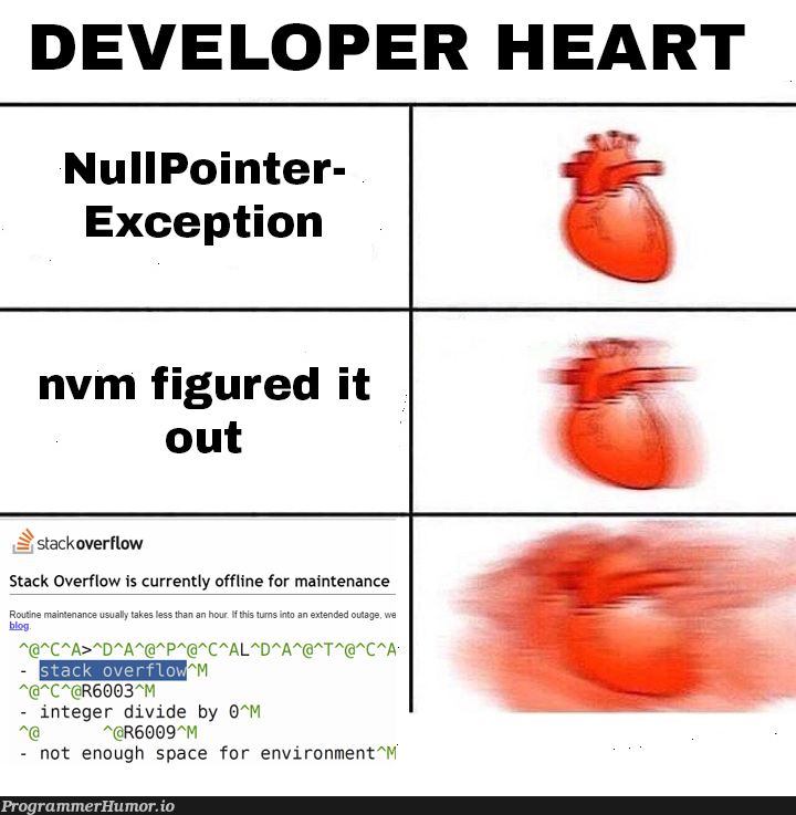 StackOverflow is down :( | developer-memes, maintenance-memes, vim-memes, stackoverflow-memes, stack-memes, stack overflow-memes, overflow-memes, IT-memes, ide-memes, div-memes, cs-memes, space-memes, exception-memes | ProgrammerHumor.io