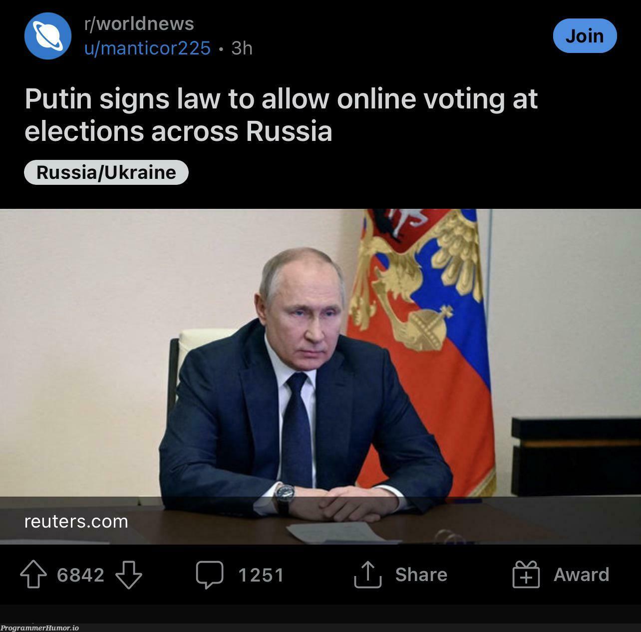 Plot twist: Voting API is connected to read-only database and you already “voted” for Putin | data-memes, database-memes, api-memes | ProgrammerHumor.io