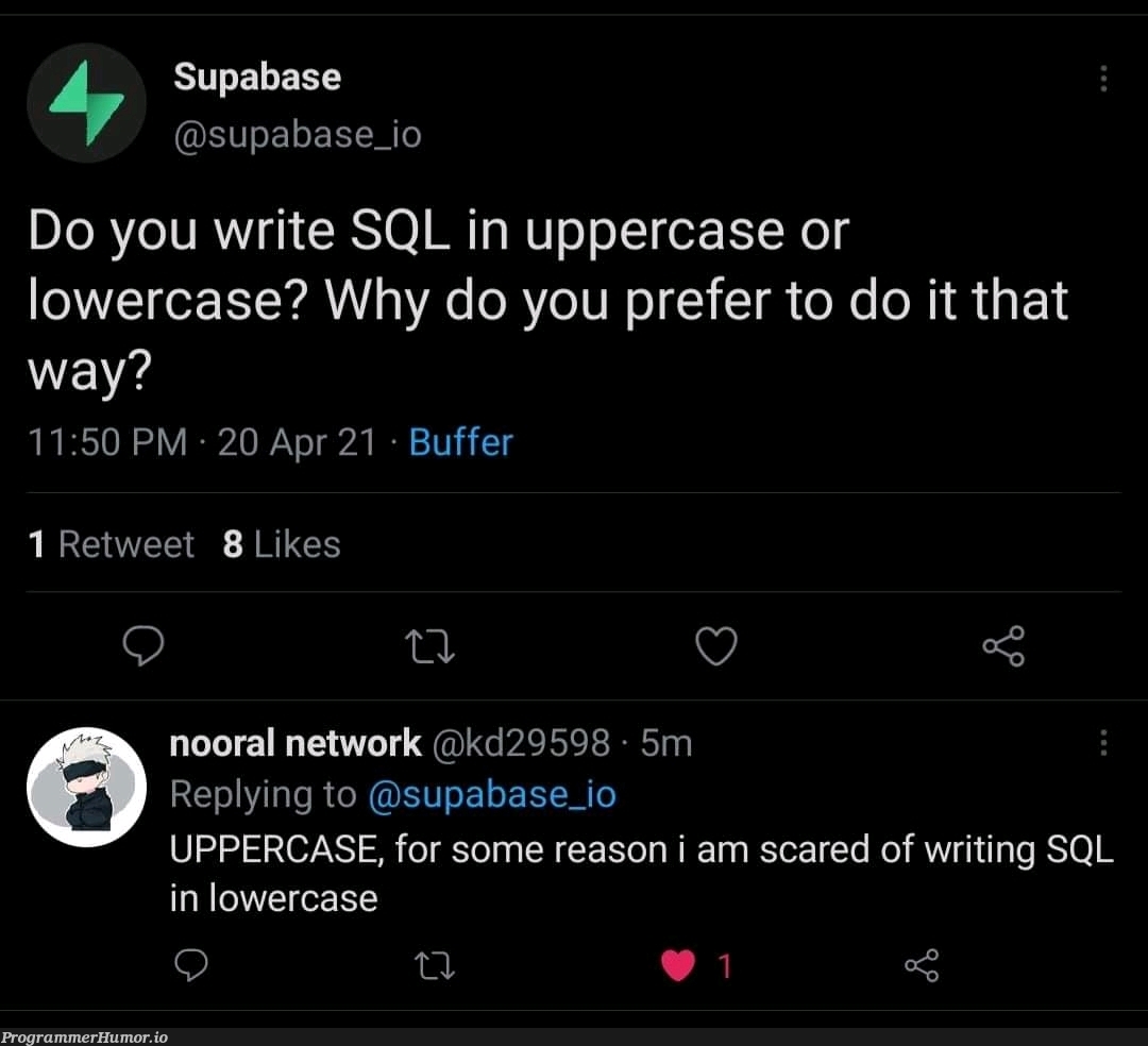 Uppercase Vs Lowercase | sql-memes, network-memes, IT-memes, retweet-memes | ProgrammerHumor.io