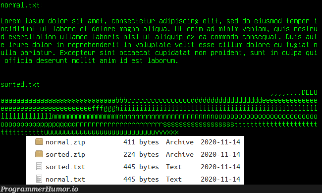 Make files more compressible by sorting them alphabetically! | data-memes, sorting-memes, ide-memes | ProgrammerHumor.io