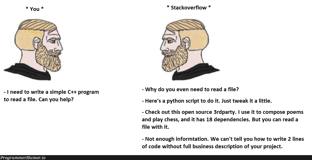 Stackoverflow in a nutshell | code-memes, python-memes, stackoverflow-memes, stack-memes, program-memes, c++-memes, lines of code-memes, shell-memes, overflow-memes, IT-memes, open source-memes, dependencies-memes | ProgrammerHumor.io