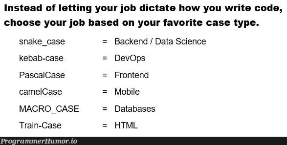 snake_case is the superior case type, and that's a hill I'm willing to die on... | html-memes, code-memes, backend-memes, frontend-memes, data-memes, database-memes, mac-memes, train-memes, ML-memes, data science-memes, devops-memes | ProgrammerHumor.io