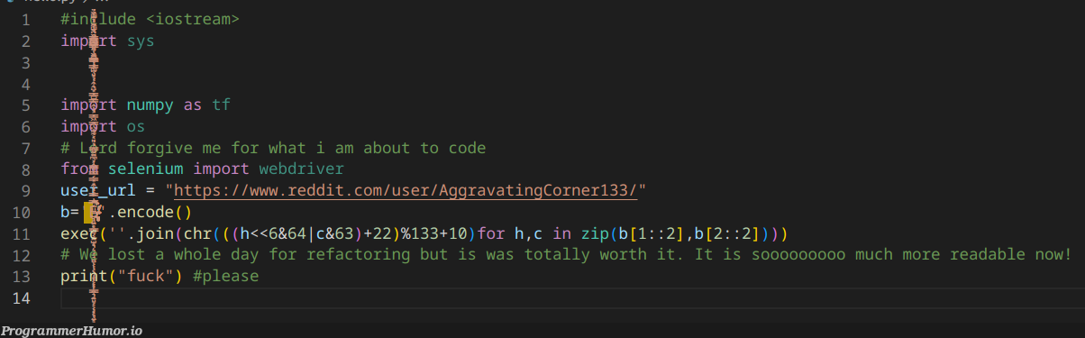 The most upvoted comment picks the next line of code: Day 17. | code-memes, web-memes, ios-memes, numpy-memes, selenium-memes, http-memes, url-memes, reddit-memes, IT-memes, stream-memes, comment-memes | ProgrammerHumor.io