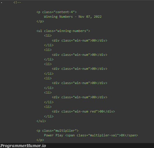 The Powerball manually edits their homepage HTML when posting winning numbers | html-memes, class-memes, ML-memes | ProgrammerHumor.io