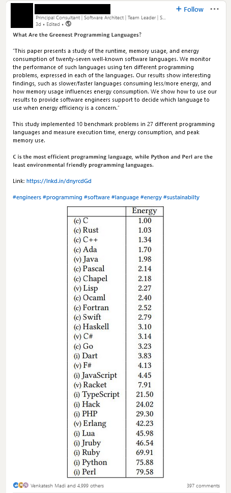 Saw this gem of a post on LinkedIn. Thought I would share | programming-memes, javascript-memes, software-memes, php-memes, java-memes, python-memes, engineer-memes, software engineer-memes, program-memes, fortran-memes, haskell-memes, swift-memes, ruby-memes, typescript-memes, performance-memes, rest-memes, express-memes, perl-memes, http-memes, dart-memes, monitor-memes, linkedin-memes, c#-memes, ide-memes, ML-memes, language-memes, cs-memes, runtime-memes, rust-memes, programming language-memes | ProgrammerHumor.io