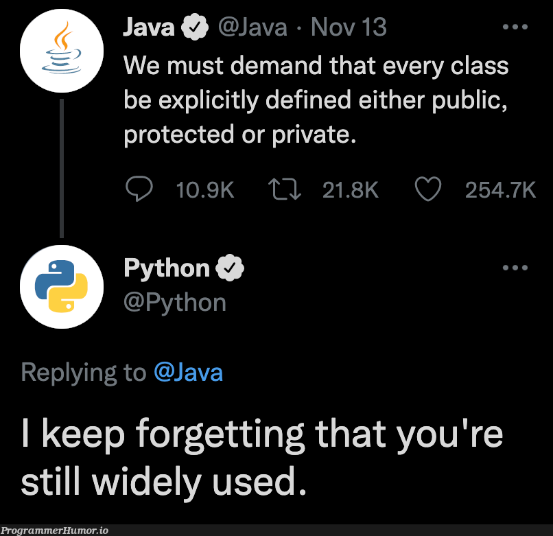 the only reason java is still relevant is because it is shoved down the throats of high schoolers and college students | java-memes, python-memes, class-memes, IT-memes, ide-memes, public-memes, private-memes | ProgrammerHumor.io