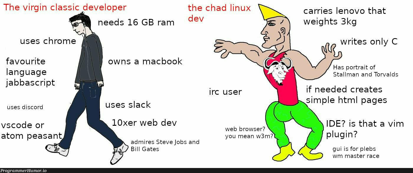 Be like the chad bois | developer-memes, html-memes, code-memes, linux-memes, web-memes, ux-memes, vim-memes, slack-memes, discord-memes, vscode-memes, class-memes, c-memes, atom-memes, ide-memes, mac-memes, ML-memes, language-memes | ProgrammerHumor.io