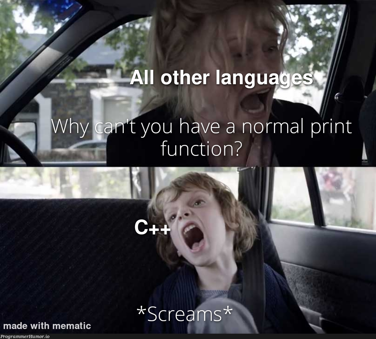 std::cout << "why"; | function-memes | ProgrammerHumor.io