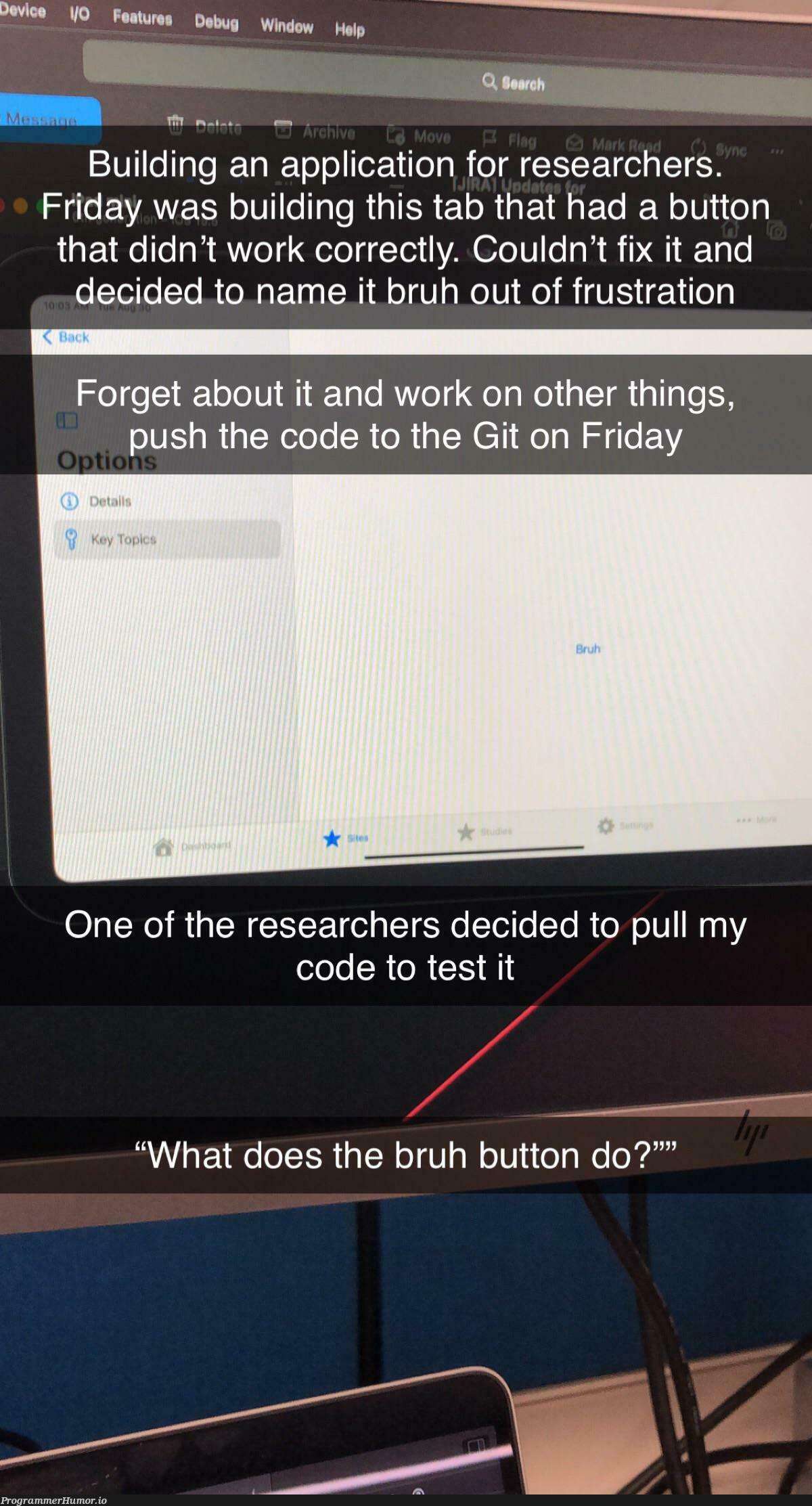 The Bruh Button | code-memes, test-memes, bug-memes, git-memes, debug-memes, fix-memes, search-memes, IT-memes, ide-memes, feature-memes | ProgrammerHumor.io