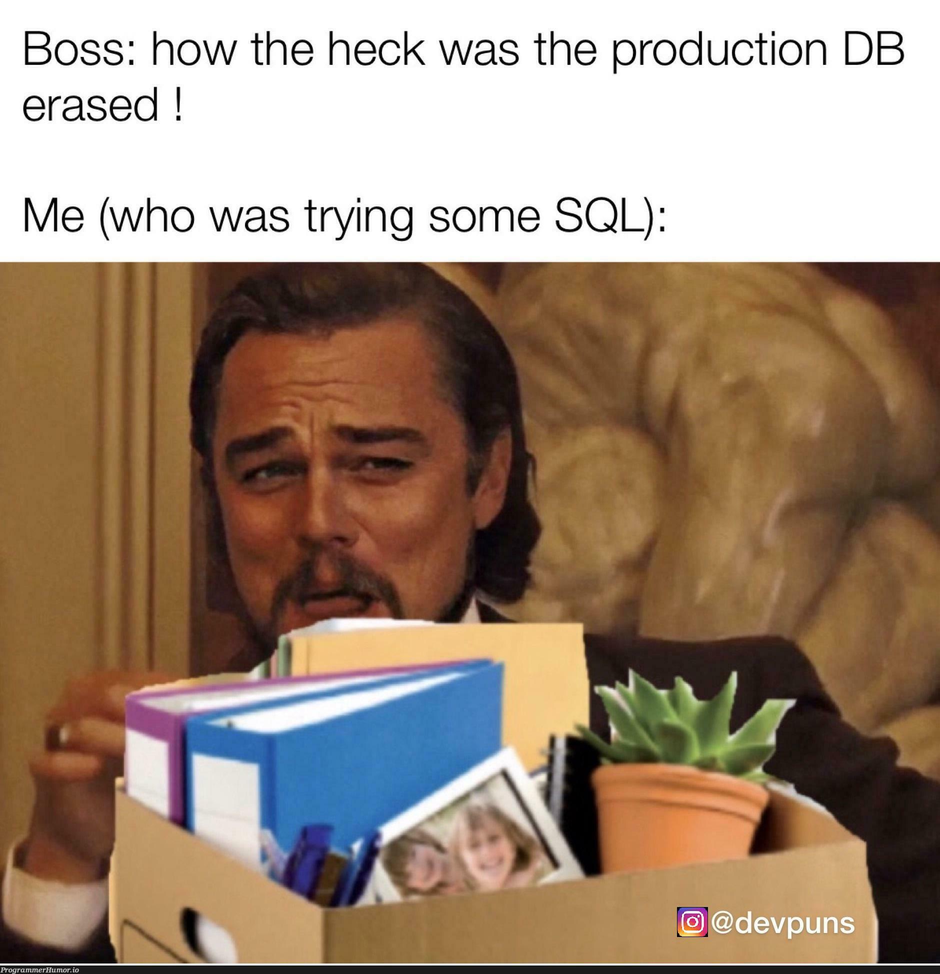 I'll go ahead and fire myself for you | try-memes, sql-memes, production-memes, product-memes | ProgrammerHumor.io