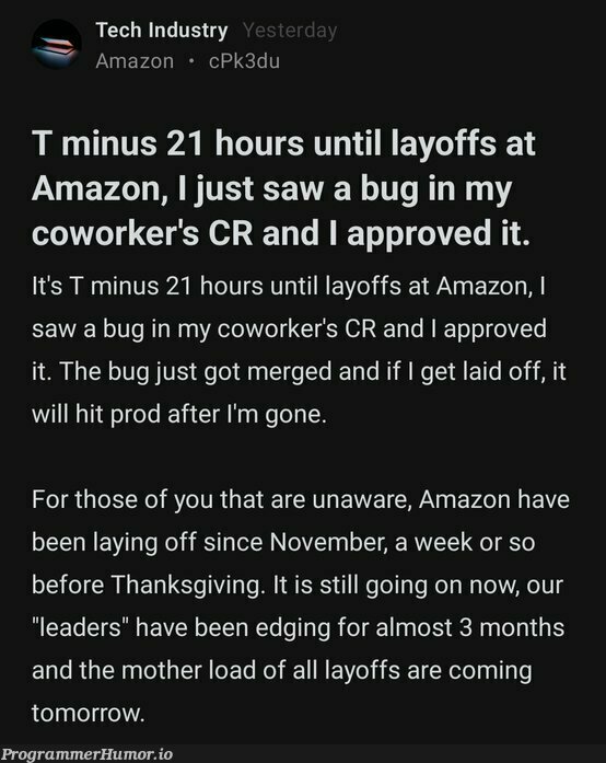 layoff fiasco | tech-memes, amazon-memes, try-memes, bug-memes, IT-memes | ProgrammerHumor.io