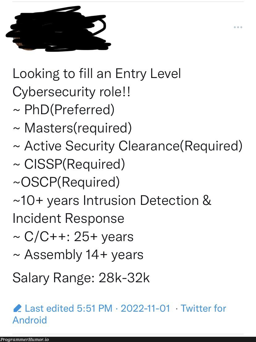 "Entry Level Cybersecurity role" | android-memes, try-memes, assembly-memes, c++-memes, security-memes, ide-memes, twitter-memes | ProgrammerHumor.io