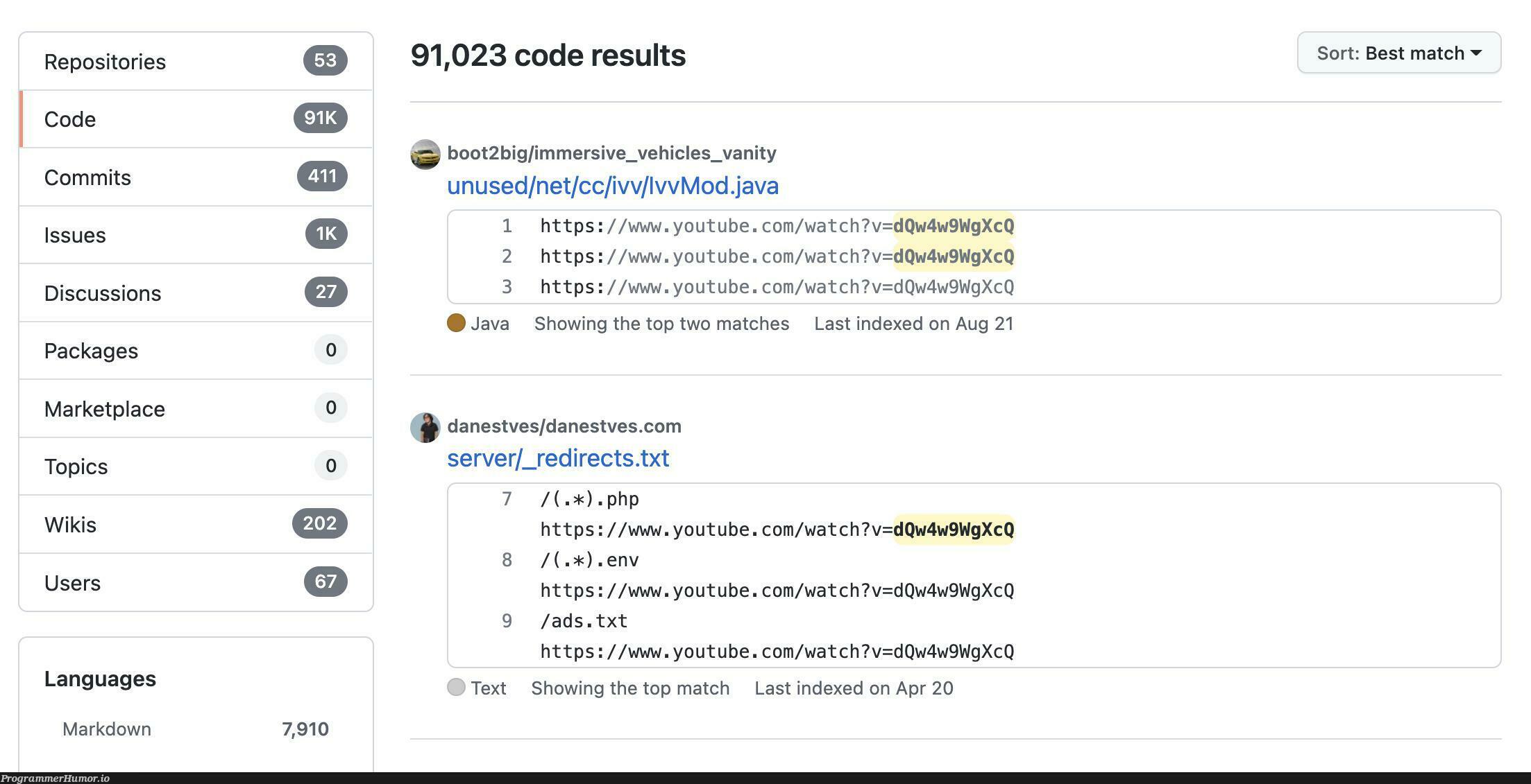 There are 91,000+ instances of the youtube video ID "dQw4w9WgXcQ" in code on GitHub | code-memes, php-memes, java-memes, server-memes, git-memes, github-memes, http-memes, ide-memes, language-memes, vm-memes, cs-memes, youtube-memes | ProgrammerHumor.io