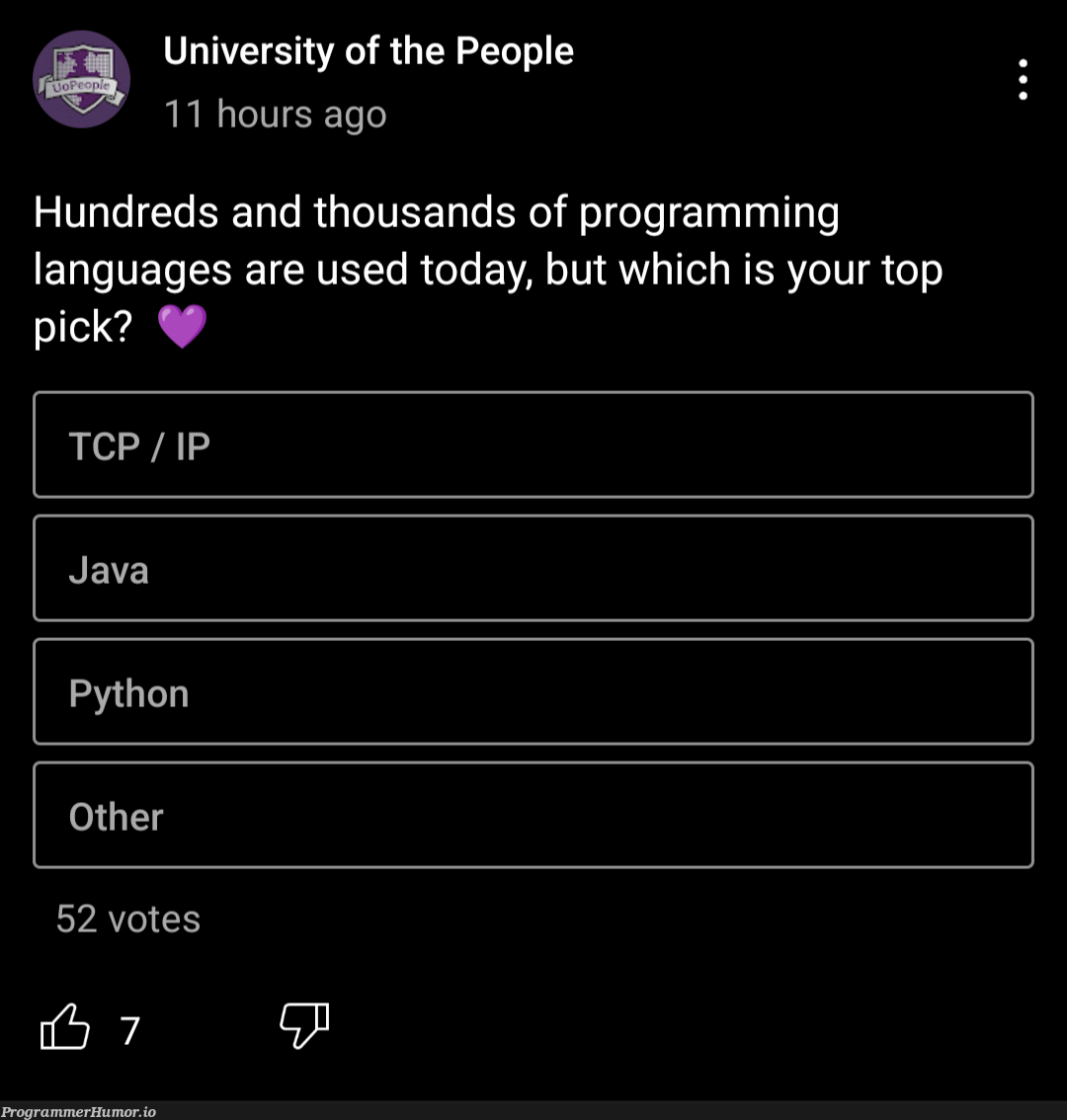 mmmm TCP/IP, my favorite programming language | programming-memes, program-memes, language-memes, programming language-memes, tcp-memes | ProgrammerHumor.io