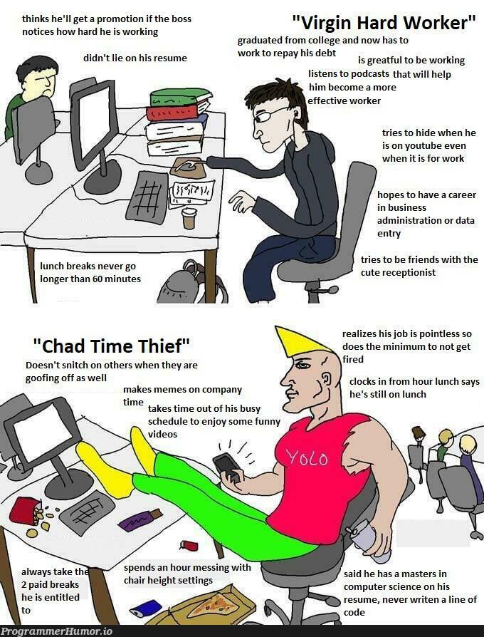 Do we really have chads like this in your workplace, or its just for a meme? | code-memes, computer-memes, computer science-memes, loc-memes, lock-memes, ide-memes, youtube-memes | ProgrammerHumor.io