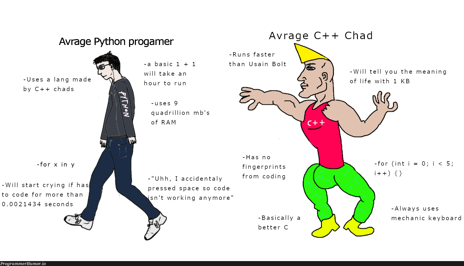 strongest Python vs Weakest C++ guy😎 | coding-memes, code-memes, python-memes, c++-memes, c-memes, ide-memes, space-memes | ProgrammerHumor.io