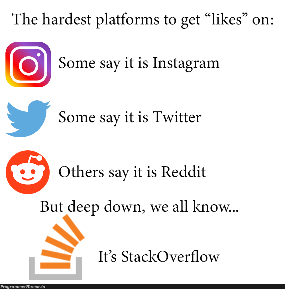 The hardest platform to get likes on: | stackoverflow-memes, stack-memes, forms-memes, overflow-memes, reddit-memes, IT-memes, twitter-memes | ProgrammerHumor.io