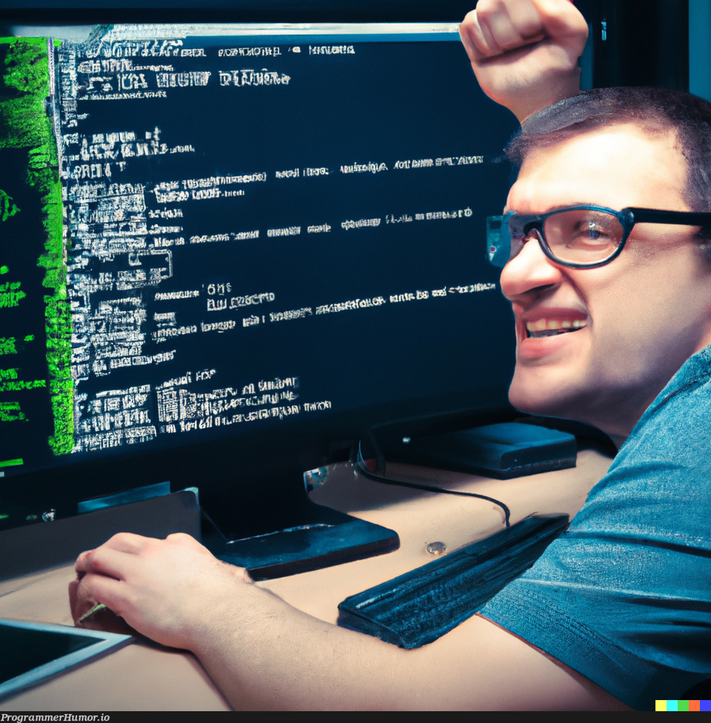 "a software developer after fixing a bug", by DALL-E 2 | developer-memes, software-memes, software developer-memes, bug-memes, fix-memes | ProgrammerHumor.io