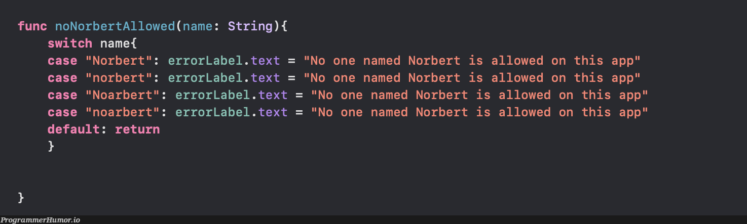 no one named norbert is allowed on my app | string-memes, error-memes | ProgrammerHumor.io