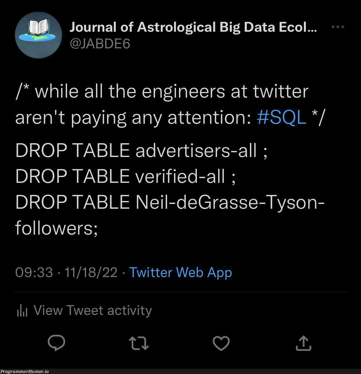 Gonna try and finish twitter off once and for all | web-memes, engineer-memes, try-memes, data-memes, sql-memes, big data-memes, twitter-memes | ProgrammerHumor.io