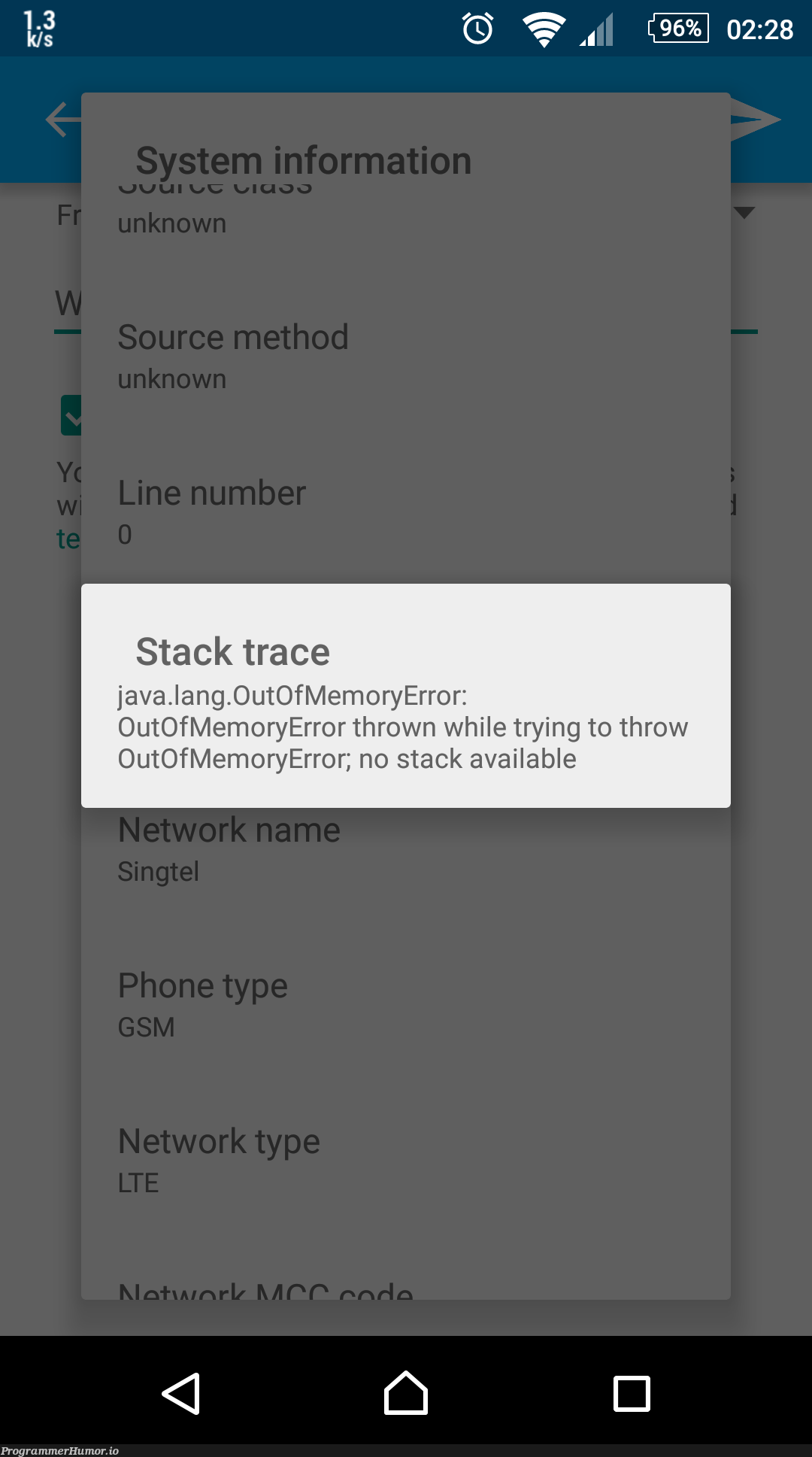 Out of Memory (xpost/r/androidwear) | java-memes, android-memes, stack-memes, try-memes, error-memes | ProgrammerHumor.io