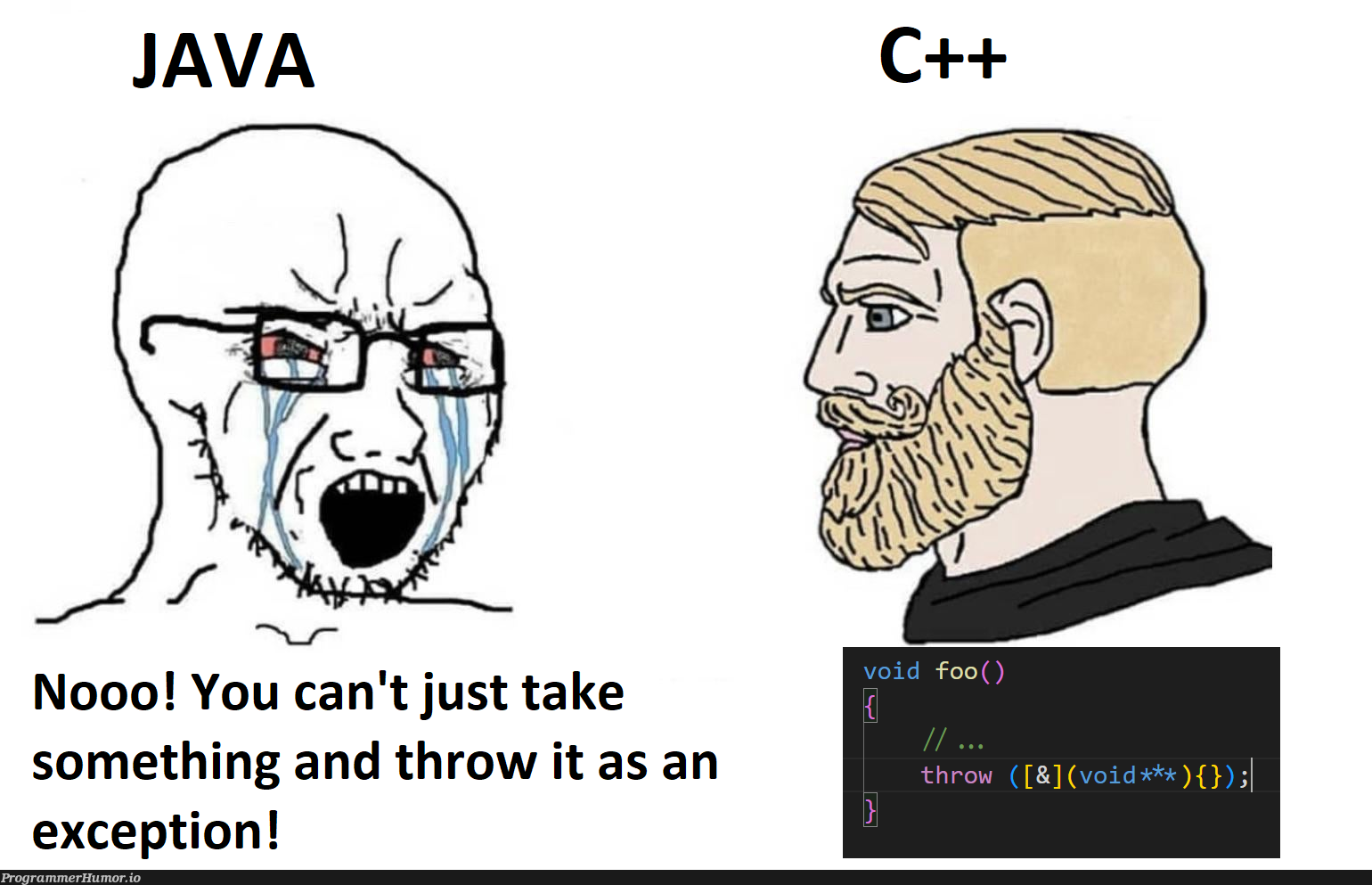 Chad C++ vs virgin Java | java-memes, c++-memes, IT-memes, exception-memes | ProgrammerHumor.io