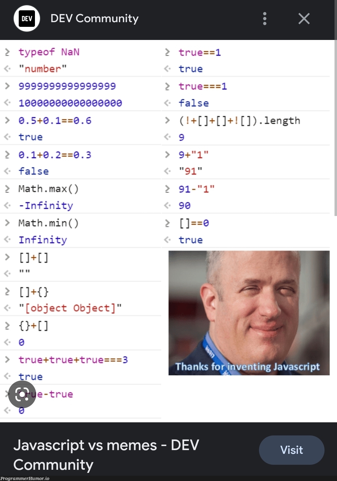 i saw this on google and Can someone explain some of these in JS logic to me? I get some of them but some makes no sense to me | javascript-memes, java-memes, google-memes, js-memes | ProgrammerHumor.io