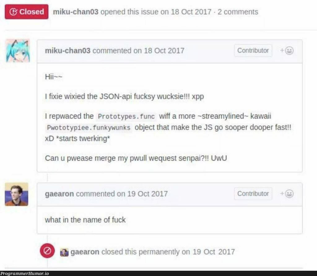 When you let a weaboo make a pull request | json-memes, api-memes, object-memes, oop-memes, fix-memes, js-memes, stream-memes, comment-memes | ProgrammerHumor.io